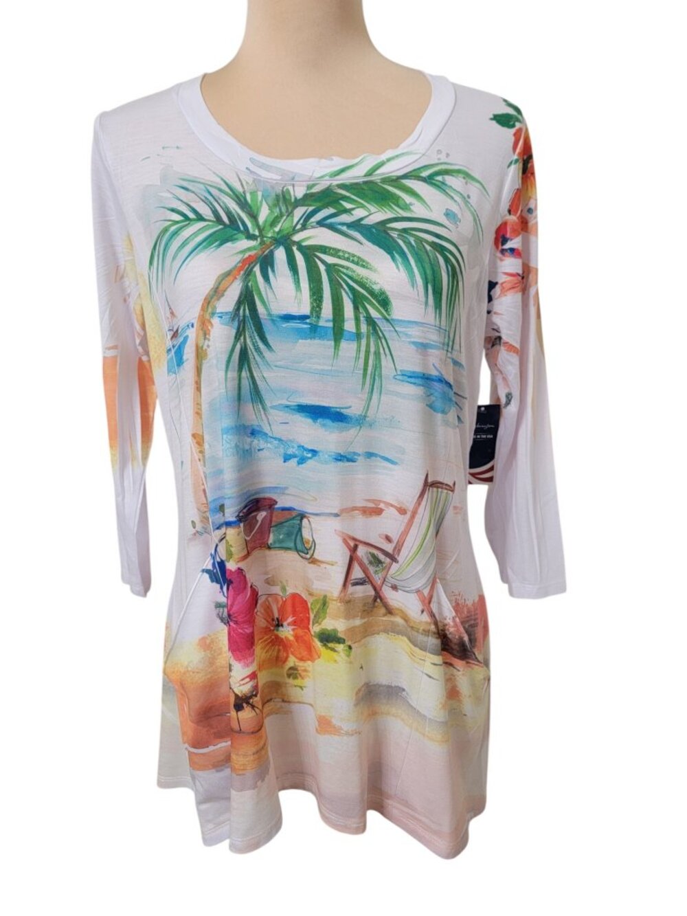 Impulse California Size M White with Beach Scene Front Pocket Tunic, NEW w/Tag